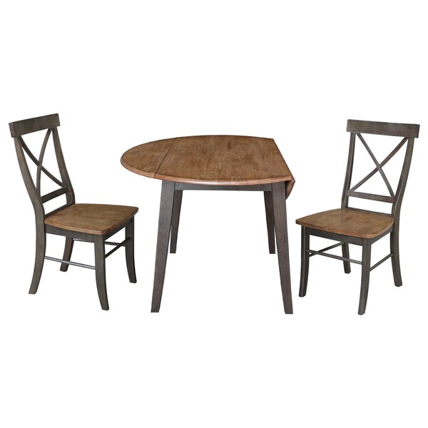 International Concepts 42 in. Solid Wood Round Dual Drop Leaf Dining Table with 2 Chairs in Hickory/Washed Coal - K45-42DL-C613-2