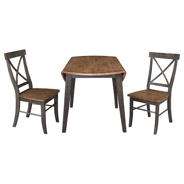 International Concepts 42 in. Solid Wood Round Dual Drop Leaf Dining Table with 2 Chairs in Hickory/Washed Coal - K45-42DL-C613-2