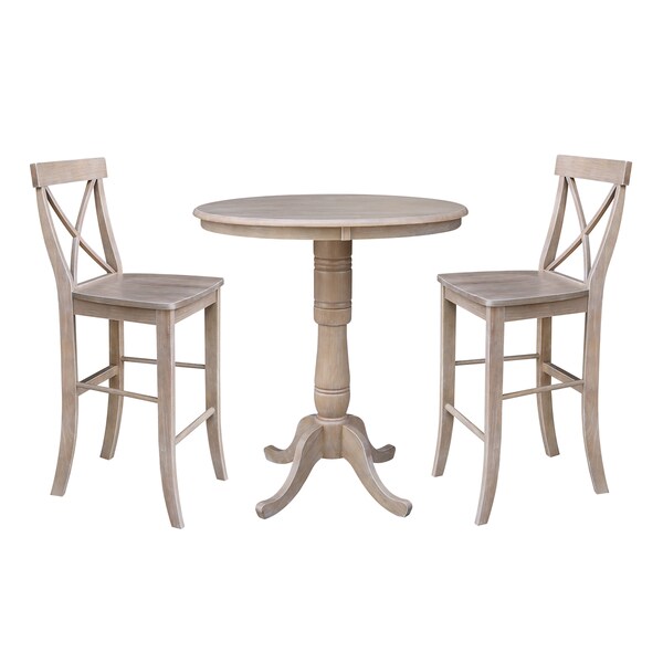 International Concepts Round 36 in Rd Ped Bar Ht Table, 2 Bar Ht Stools, Weathered Grey, 36 in W, 36 in L, 41.1 in H, Wood - K09-36RT-S6133-2