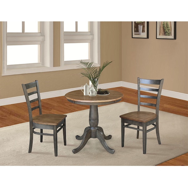 International Concepts Round 30 in Rd Top Pedestal Table, 2 Emily Chairs, Hickory/Washed Coal, 30 in W, 30 in L, 29.1 in H - K45-30RT-C617P