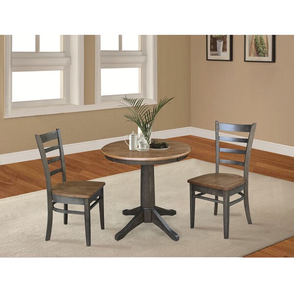 International Concepts Round 30 in Rd Top Pedestal Table, 2 Emily Chairs, Hickory/Washed Coal, 30 in W, 30 in L, 29.9 in H - K45-30RT-27B-C617P