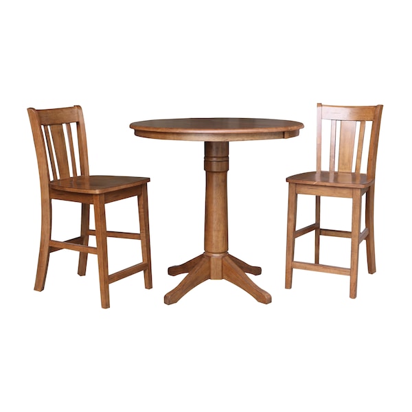 International Concepts Round 36 in Rd Extension Dining Table, 2 San Remo Stools, Distressed Oak, 36 in W, 48 in L, Wood - K42-36RXT-27B-S102-2
