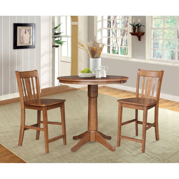 International Concepts Round 36 in Rd Extension Dining Table, 2 San Remo Stools, Distressed Oak, 36 in W, 48 in L, Wood - K42-36RXT-27B-S102-2