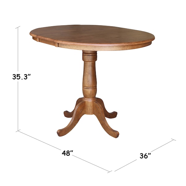 International Concepts Round 36 in Round Top Pedestal Table with 12 in Leaf, 35.3 in H, Distressed Oak, 36 in W, 48 in L - K42-36RXT-6B
