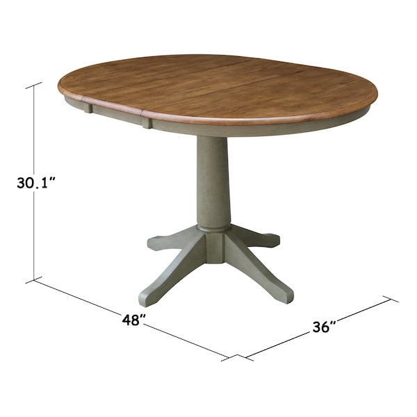 International Concepts Round 36 in Rd Top Ped Table, 12 in Leaf, Dining Ht, Hickory/Stone, 36 in W, 48 in L, 30.1 in H, Wood - K41-36RXT-27B