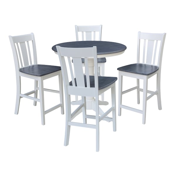 International Concepts 36 in. Solid Wood Round Top Pedestal Counter Height Dining Table w/4 Stools in White/Heather Gray - K05-36RT-27B-S102-4