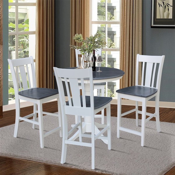 International Concepts 36 in. Solid Wood Round Top Pedestal Counter Height Dining Table w/4 Stools in White/Heather Gray - K05-36RT-27B-S102-4