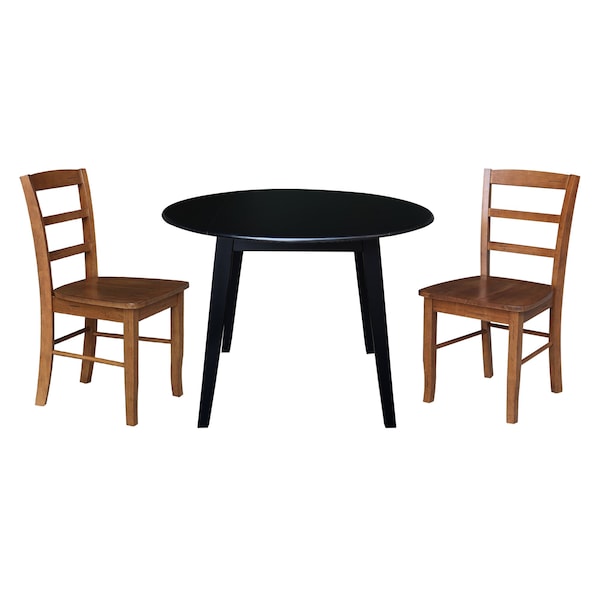 International Concepts 42 in. Solid Wood Round Dual Drop Leaf Dining Table with 2 Chairs in Black/Distressed Oak - K46-42DL-C42-2-2