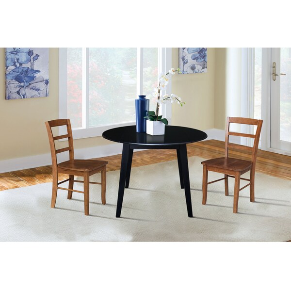International Concepts 42 in. Solid Wood Round Dual Drop Leaf Dining Table with 2 Chairs in Black/Distressed Oak - K46-42DL-C42-2-2