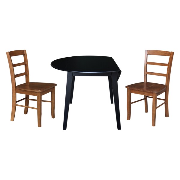 International Concepts 42 in. Solid Wood Round Dual Drop Leaf Dining Table with 2 Chairs in Black/Distressed Oak - K46-42DL-C42-2-2