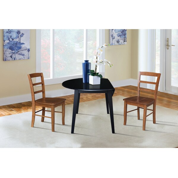 International Concepts 42 in. Solid Wood Round Dual Drop Leaf Dining Table with 2 Chairs in Black/Distressed Oak - K46-42DL-C42-2-2