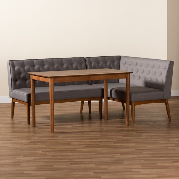 Baxton Studio Riordan Mid-Century Modern Grey Fabric and Walnut Brown Finished Wood 3-Piece Dining Nook Set - 186-11355-9305-ZORO