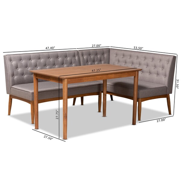 Baxton Studio Riordan Mid-Century Modern Grey Fabric and Walnut Brown Finished Wood 3-Piece Dining Nook Set - 186-11355-9305-ZORO