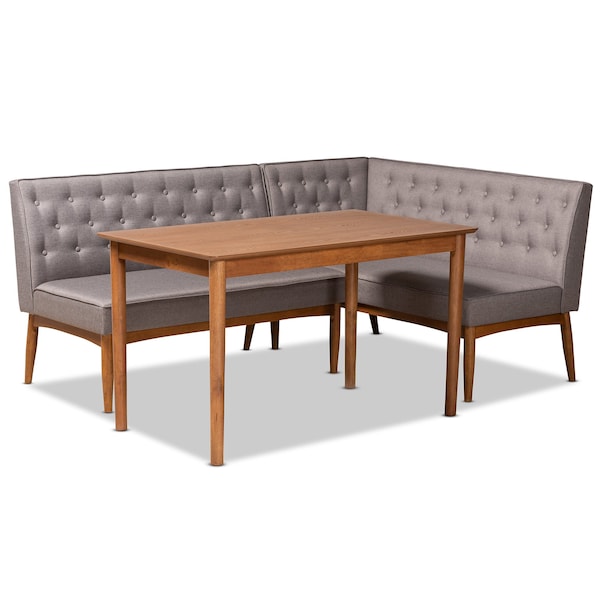 Baxton Studio Riordan Mid-Century Modern Grey Fabric and Walnut Brown Finished Wood 3-Piece Dining Nook Set - 186-11355-9305-ZORO