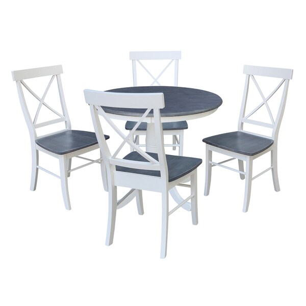 International Concepts 36 in. Solid Wood Round Top Pedestal Dining Table with 4 X-back Dining Chairs in White/Heather Gray - K05-36RT-C613-4