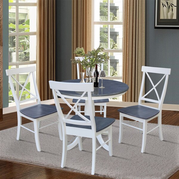 International Concepts 36 in. Solid Wood Round Top Pedestal Dining Table with 4 X-back Dining Chairs in White/Heather Gray - K05-36RT-C613-4