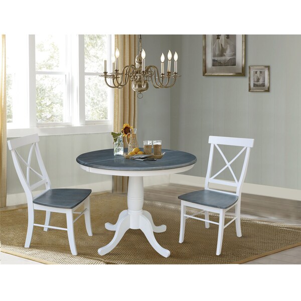 International Concepts Round 36 in Rd Extension Dining Table, 2 X-back Chairs, White/Heather Gray, 36 in W, 48 in L, Wood - K05-36RXT-C613-2