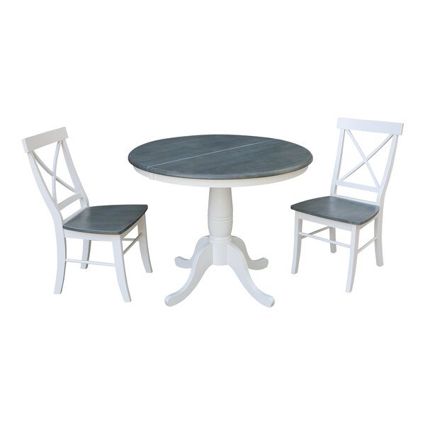 International Concepts Round 36 in Rd Extension Dining Table, 2 X-back Chairs, White/Heather Gray, 36 in W, 48 in L, Wood - K05-36RXT-C613-2
