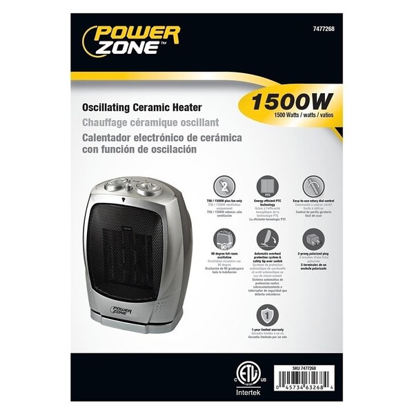 Powerzone PowerZone PTC-903B Ceramic OSC Heater 120V, 750/1500W, Grey - PTC-903B