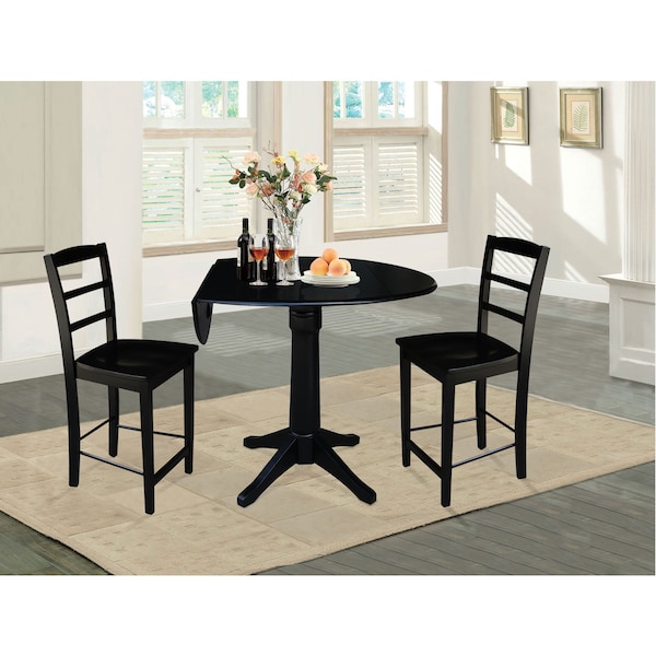 International Concepts Round 42 in Rd Pedestal Gathering Height Table, 2 Counter Height Stools, Black, 42 in W, 42 in L - K46-42DPT-27B-S402-2