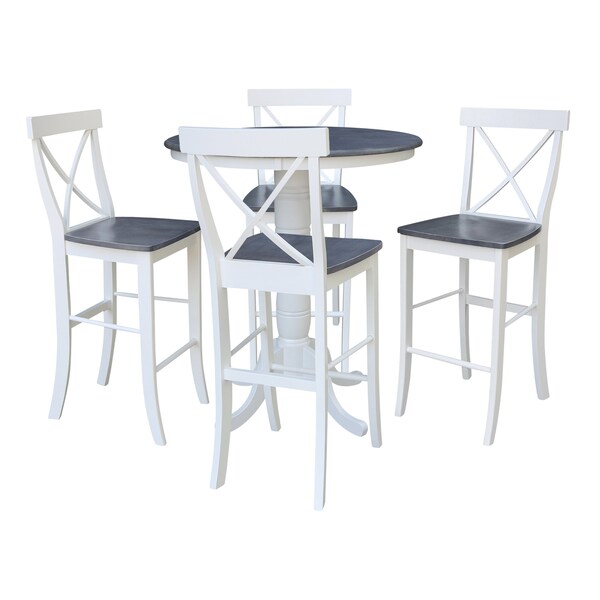 International Concepts 36 in. Solid Wood Round Pedestal Gathering Height Dining Table w/4 X-Back Bar Stools in White/Gray - K05-36RT-6B-S6133-4