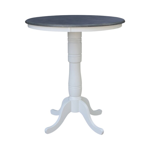 International Concepts 36 in. Solid Wood Round Pedestal Gathering Height Dining Table w/4 X-Back Bar Stools in White/Gray - K05-36RT-6B-S6133-4