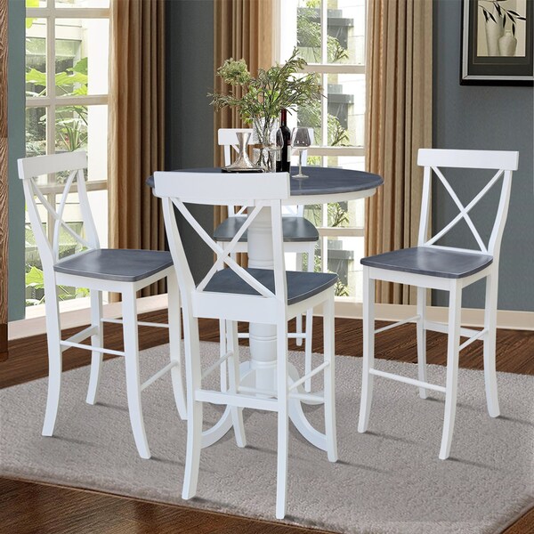 International Concepts 36 in. Solid Wood Round Pedestal Gathering Height Dining Table w/4 X-Back Bar Stools in White/Gray - K05-36RT-6B-S6133-4