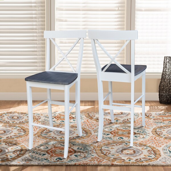 International Concepts 36 in. Solid Wood Round Pedestal Gathering Height Dining Table w/4 X-Back Bar Stools in White/Gray - K05-36RT-6B-S6133-4