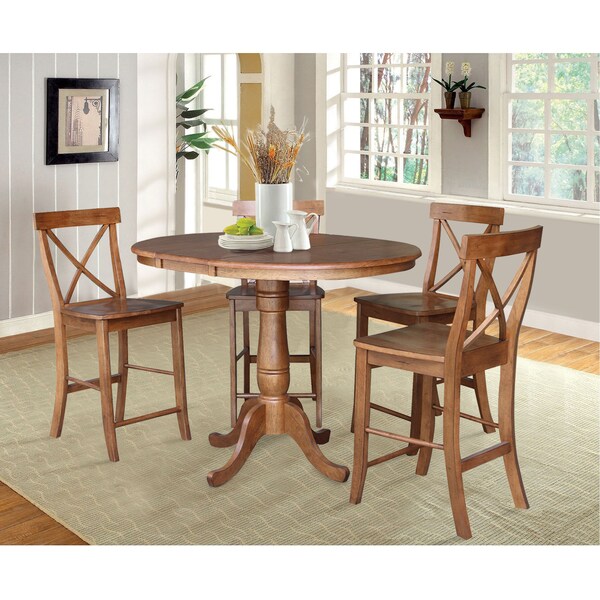 International Concepts Round 36 in Round Extension Dining Table with 4 Stools, Distressed Oak, 36 in W, 48 in L, 35.3 in H - K42-36RXT-6B-S6132-4