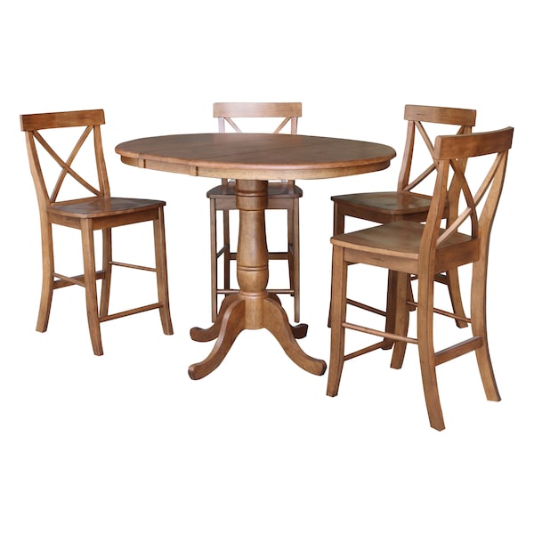 International Concepts Round 36 in Round Extension Dining Table with 4 Stools, Distressed Oak, 36 in W, 48 in L, 35.3 in H - K42-36RXT-6B-S6132-4