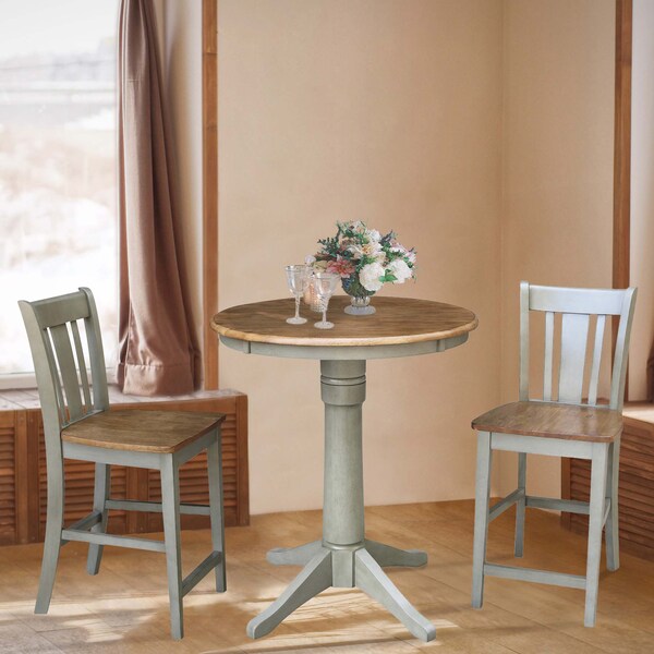 International Concepts Round 30 in Rd Ped Gathering Ht Table, 2 San Remo Stools, Hickory/Stone, 30 in W, 30 in L, 35.9 in H - K41-30RT-27B-S102-2