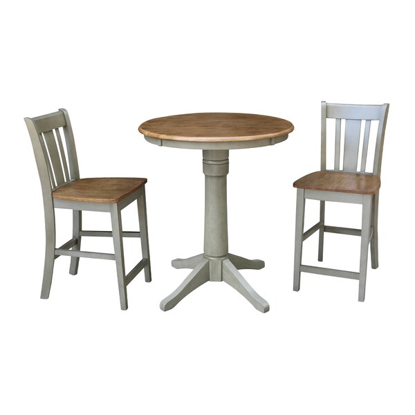 International Concepts Round 30 in Rd Ped Gathering Ht Table, 2 San Remo Stools, Hickory/Stone, 30 in W, 30 in L, 35.9 in H - K41-30RT-27B-S102-2
