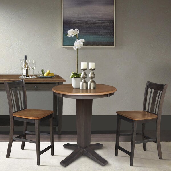 International Concepts 30 in. Solid Wood Round Top Dining Table with 2 Counter Height Stools in Washed Coal - K45-30RT-23B-S102-2