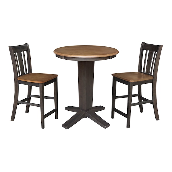 International Concepts 30 in. Solid Wood Round Top Dining Table with 2 Counter Height Stools in Washed Coal - K45-30RT-23B-S102-2