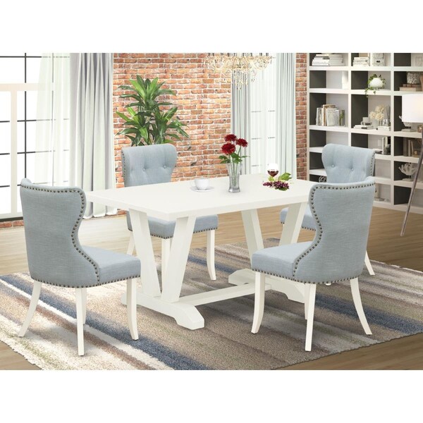 East West Furniture 5 Piece V-Style Dining Room Table Set - Wire Brushed Linen White - V026SI215-5