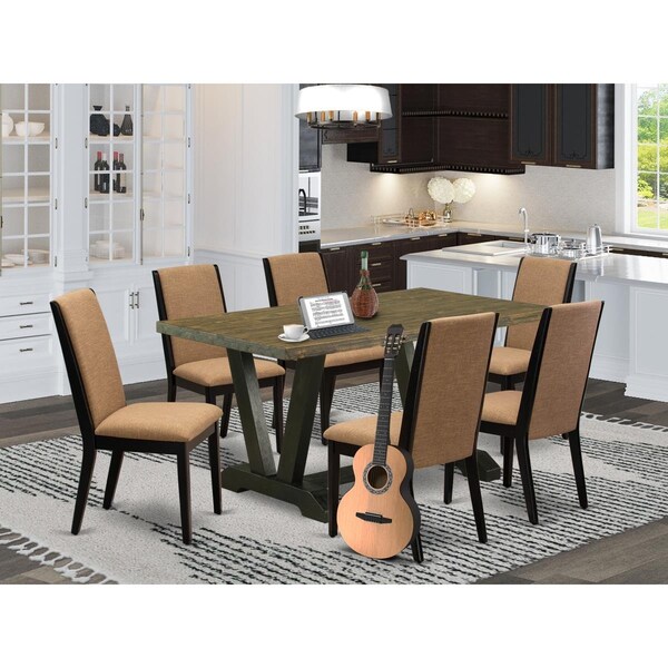 East West Furniture 7 Piece V-Style Dining Room Set - Wire Brushed Black - V676LA147-7