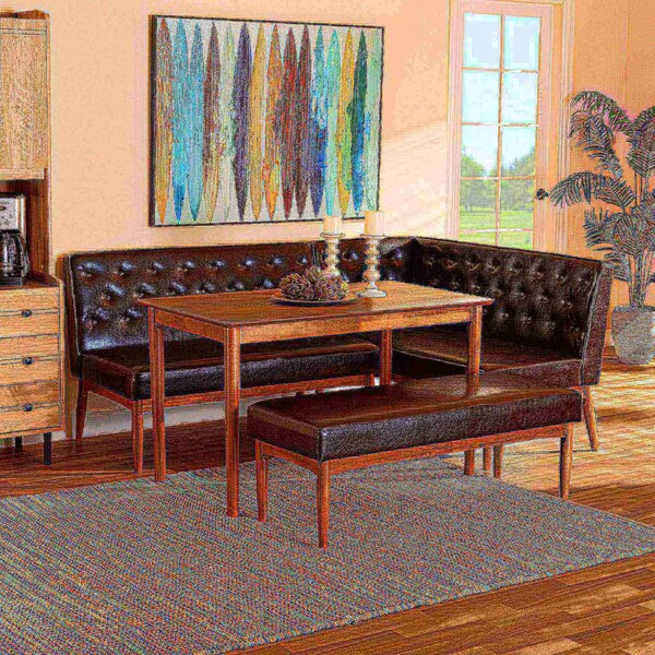 Baxton Studio Riordan Mid-Century Dark Brown Faux Leather and Walnut Brown Finished Wood 4-PC Dining Nook Set - 186-11358-10552-9305-ZORO