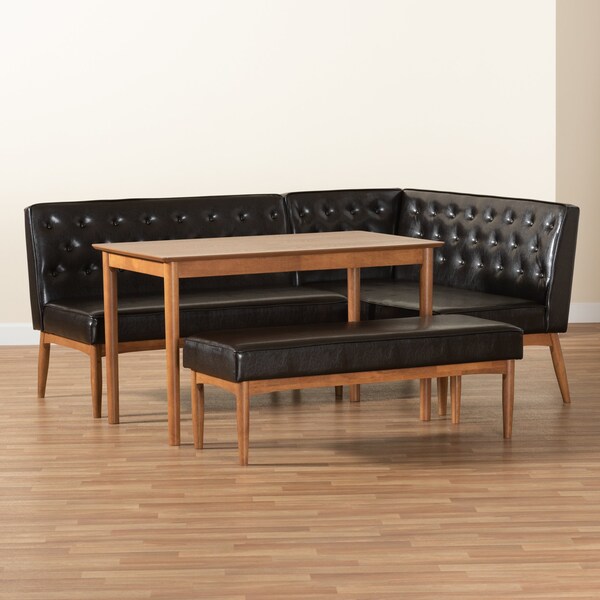 Baxton Studio Riordan Mid-Century Dark Brown Faux Leather and Walnut Brown Finished Wood 4-PC Dining Nook Set - 186-11358-10552-9305-ZORO