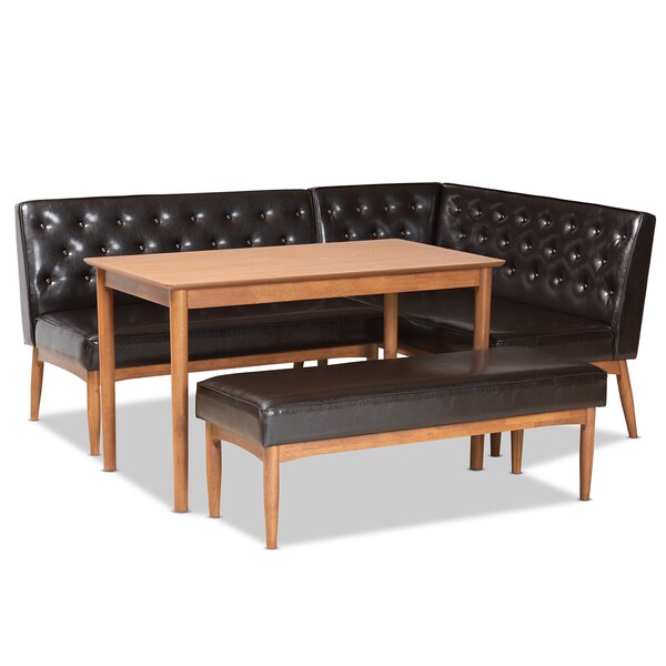 Baxton Studio Riordan Mid-Century Dark Brown Faux Leather and Walnut Brown Finished Wood 4-PC Dining Nook Set - 186-11358-10552-9305-ZORO