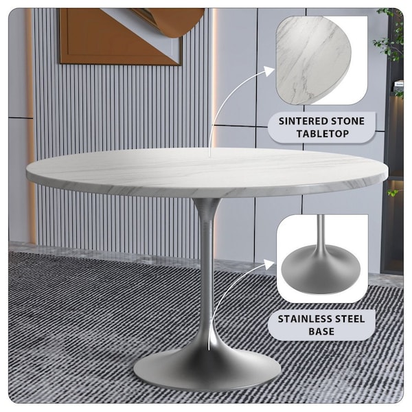 Leisuremod Round 47.24 in W, 29.35 in L, Sintered Stone/Stainless Steel, White - VT23BS-48WS