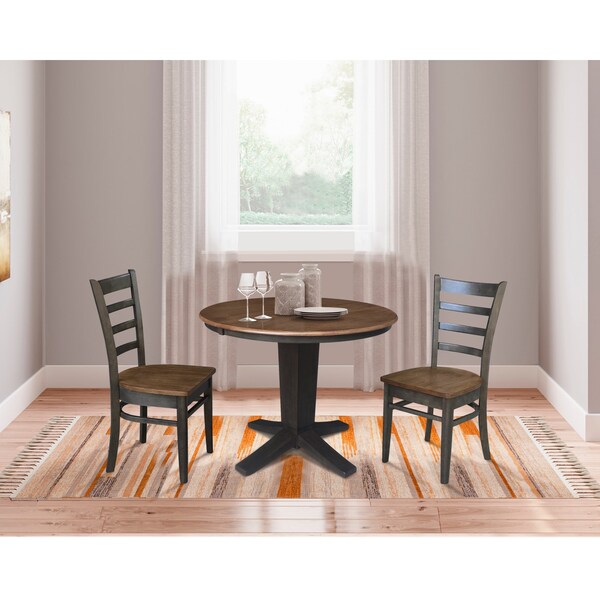 International Concepts 36 in. Solid Wood Round Extension Dining Table with 2 Dining Chairs in Hickory/Washed Coal - K45-36RXT-23B-C617-2