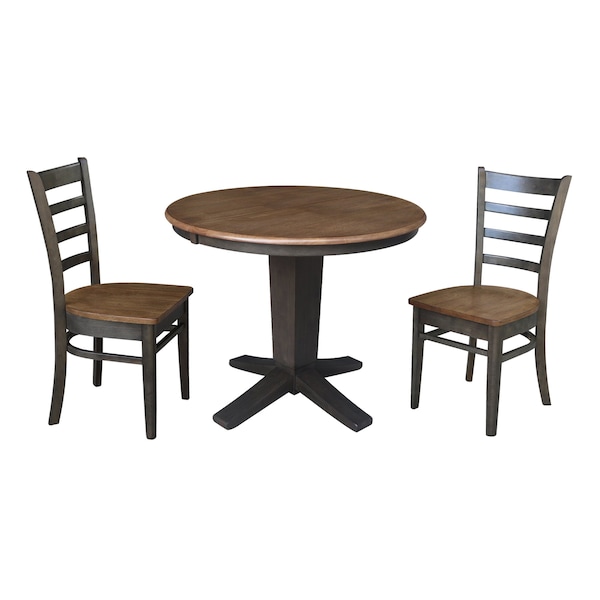 International Concepts 36 in. Solid Wood Round Extension Dining Table with 2 Dining Chairs in Hickory/Washed Coal - K45-36RXT-23B-C617-2