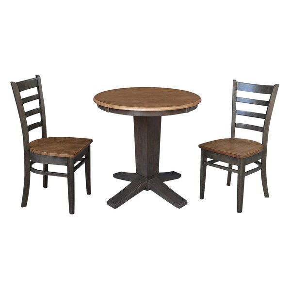 International Concepts 30 in. Solid Wood Round Top Pedestal Dining Table with 2 Chairs in Washed/Coal - K45-30RT-23B-C617-2