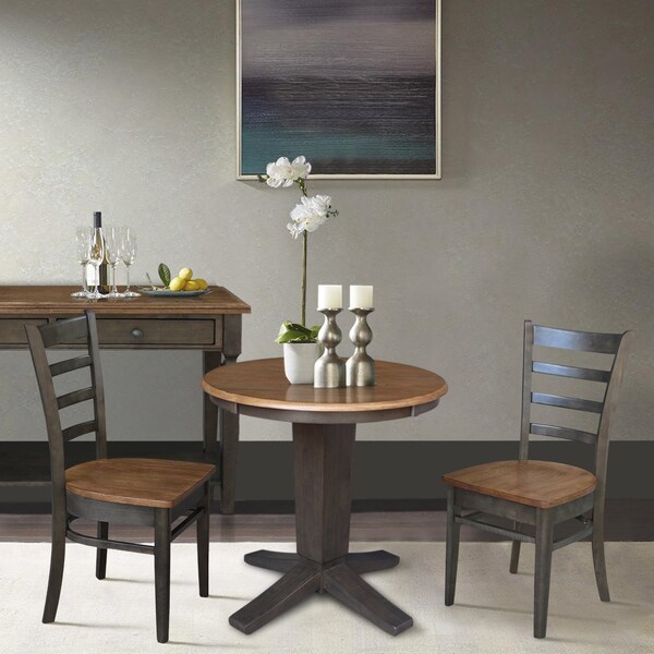 International Concepts 30 in. Solid Wood Round Top Pedestal Dining Table with 2 Chairs in Washed/Coal - K45-30RT-23B-C617-2