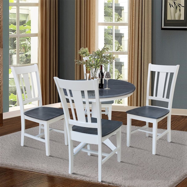 International Concepts 36 in. Solid Wood Round Top Pedestal Dining Table with 4 Dining Chairs in White/Heather Gray - K05-36RT-27B-C10-4