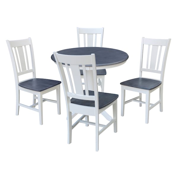 International Concepts 36 in. Solid Wood Round Top Pedestal Dining Table with 4 Dining Chairs in White/Heather Gray - K05-36RT-27B-C10-4