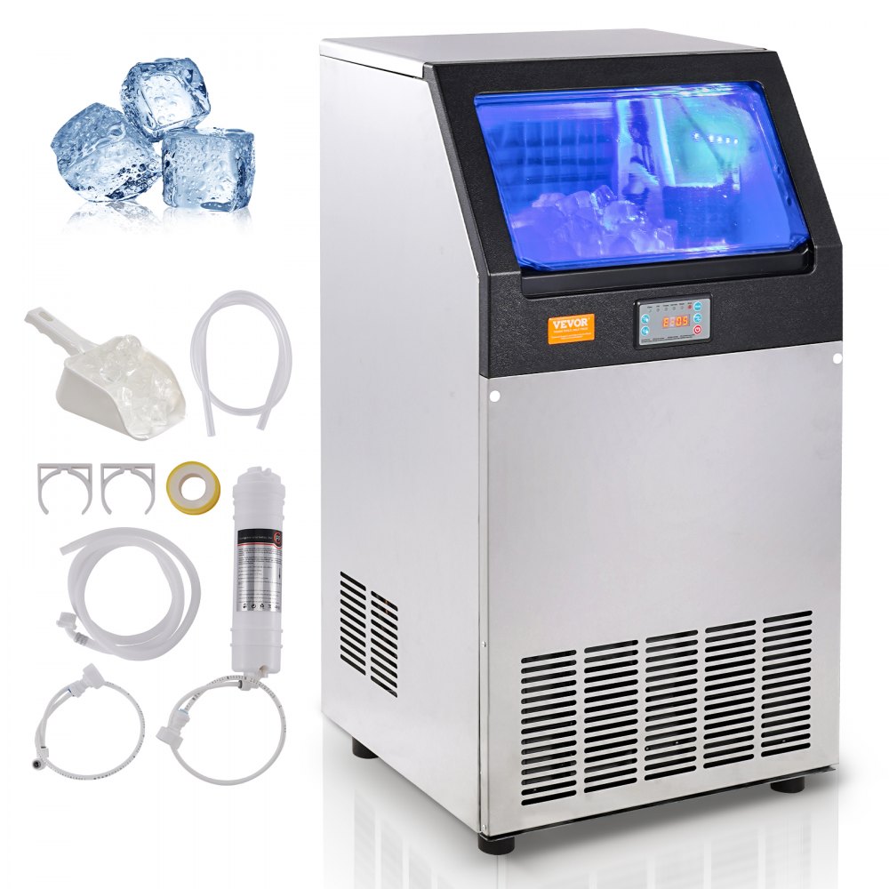 VEVOR Máquina para hacer hielo comercial, 100 libras/24 horas, máquina para hacer hielo, 55 cubitos de hielo en 12-15 minutos, máquina para hacer hielo con gabinete independiente con capacidad de almacenamiento de 33 libras, pantalla digital LED, para bar, hogar, oficina, restaurante - QSYYTSFBZBJ3GFQR1V1