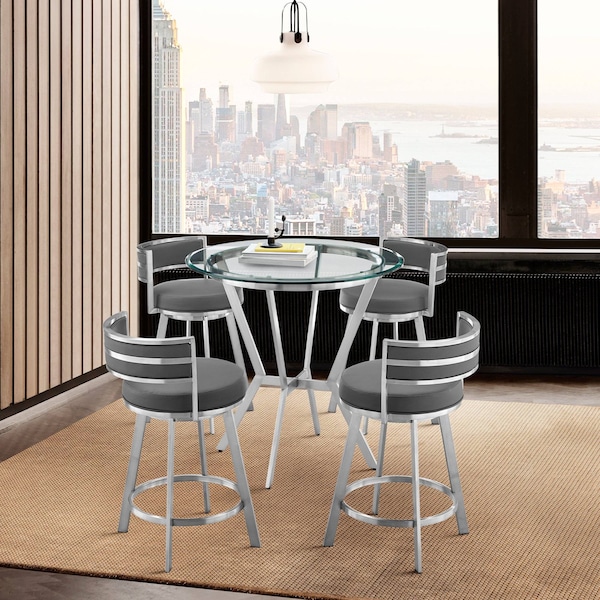 Armen Living Naomi and Roman 5-Piece Counter Height Dining Set in Brushed Stainless Steel and Gray Faux Leather - SETNMRMGRBS5