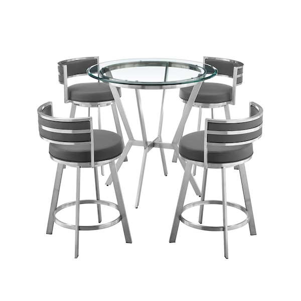 Armen Living Naomi and Roman 5-Piece Counter Height Dining Set in Brushed Stainless Steel and Gray Faux Leather - SETNMRMGRBS5
