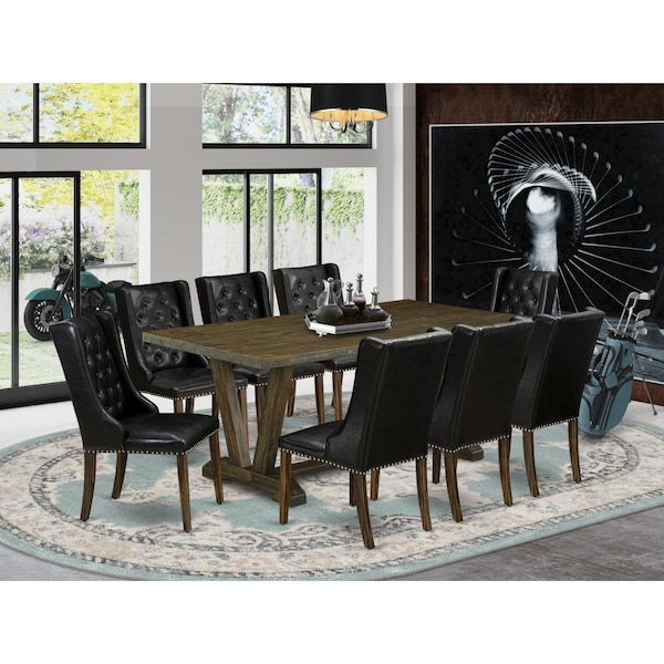 East West Furniture 9 Piece V-Style Dining Room Set - Distressed Jacobean - V777FO749-9